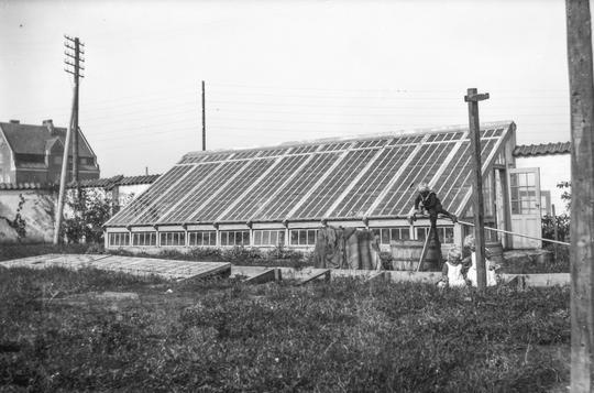 Höganäs 1919, Villa Horndahl/Widdings villa.  Växthuset i hörnan Torggatan-Vasagatan, Höganäs, Bruksskolan till vänster. Arne Horndahl, Rigel och Inga Horndahl (tvillingar).